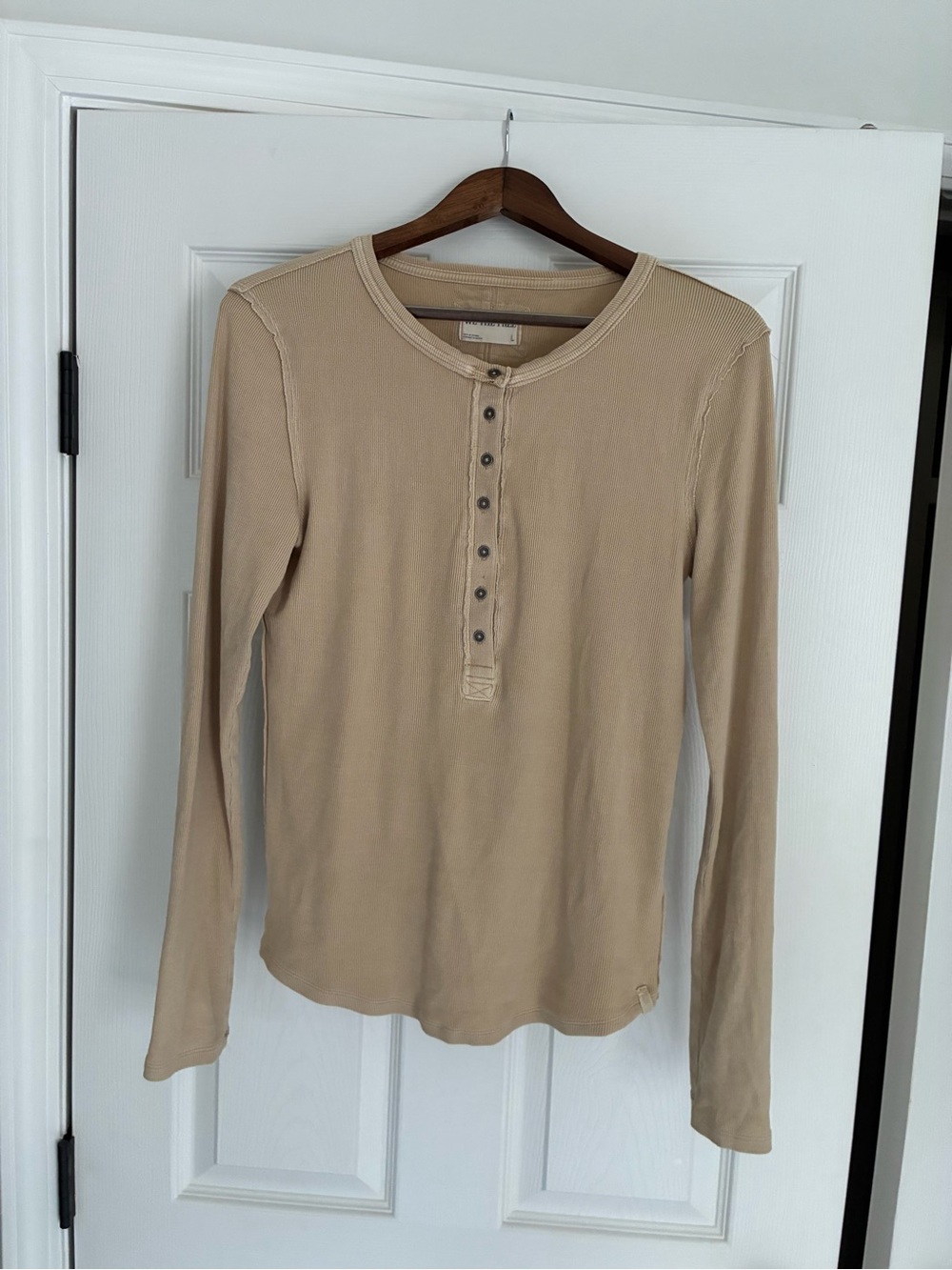 Free People Long-Sleeve Henley Top in Beige